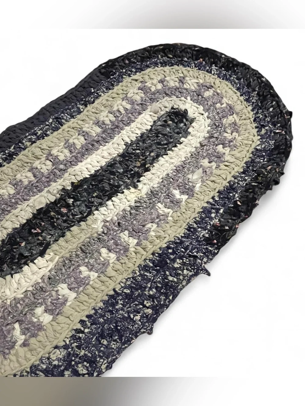 Handmade Oval Crocheted Rag Rug Gray Lavender Navy Cottagecore Granny Prairie